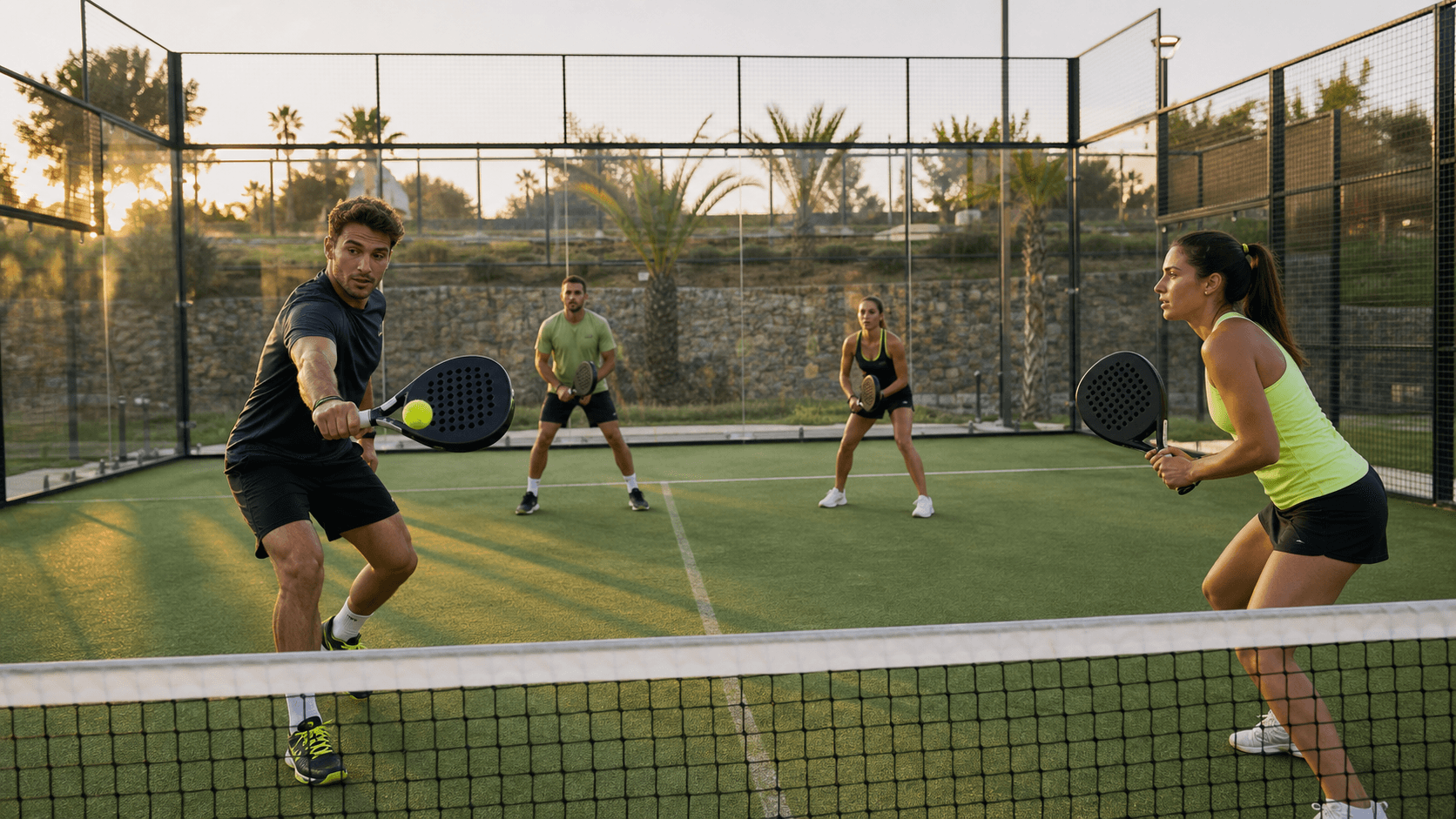 Cam duvarlı açık hava padel kortunda çiftler maçı yapan dört oyuncu