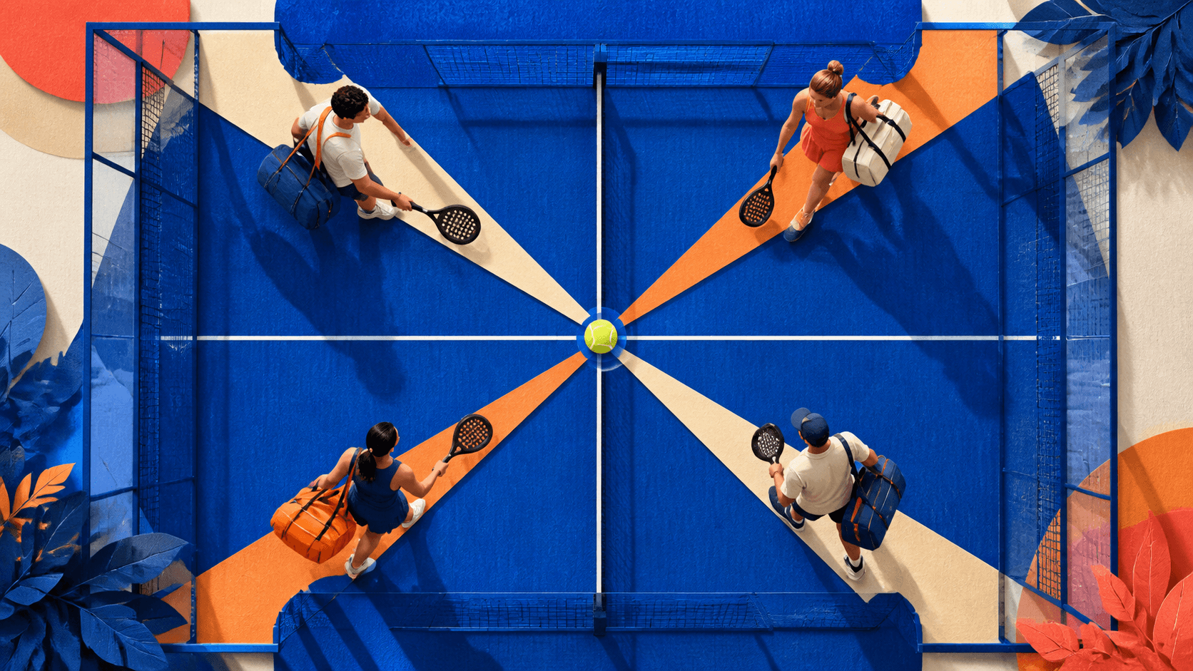 Dört farklı padel oyuncusunun kort merkezinde buluşmasını gösteren kolaj