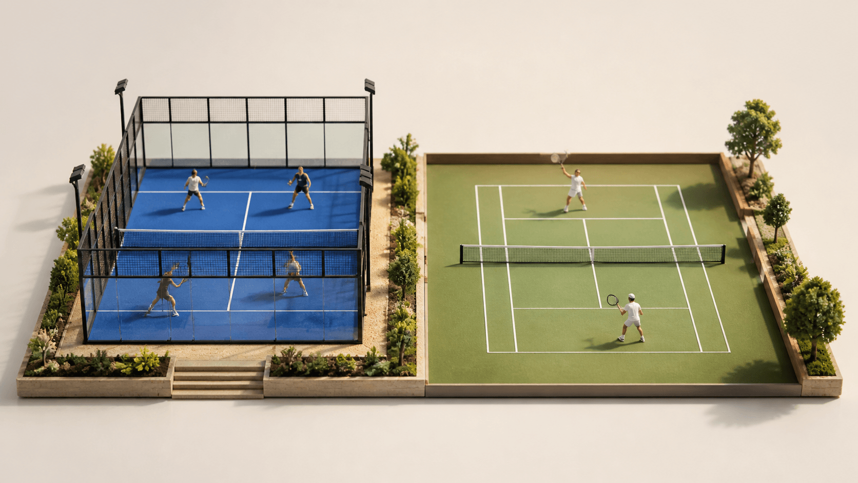 Yan yana minyatür padel ve tenis kortlarının karşılaştırması
