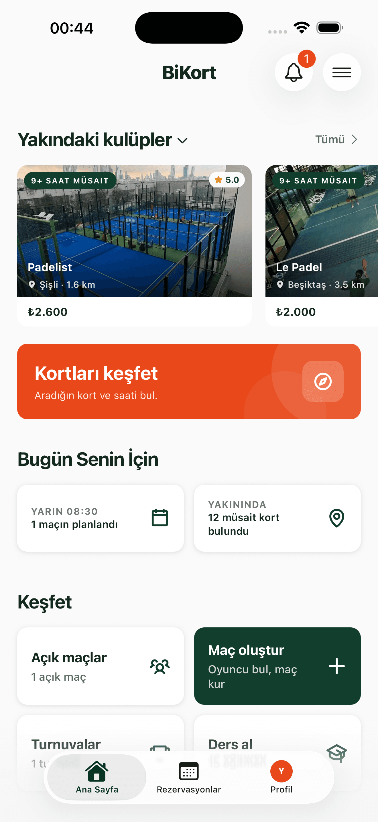 bikort mobil uygulaması ana ekranı