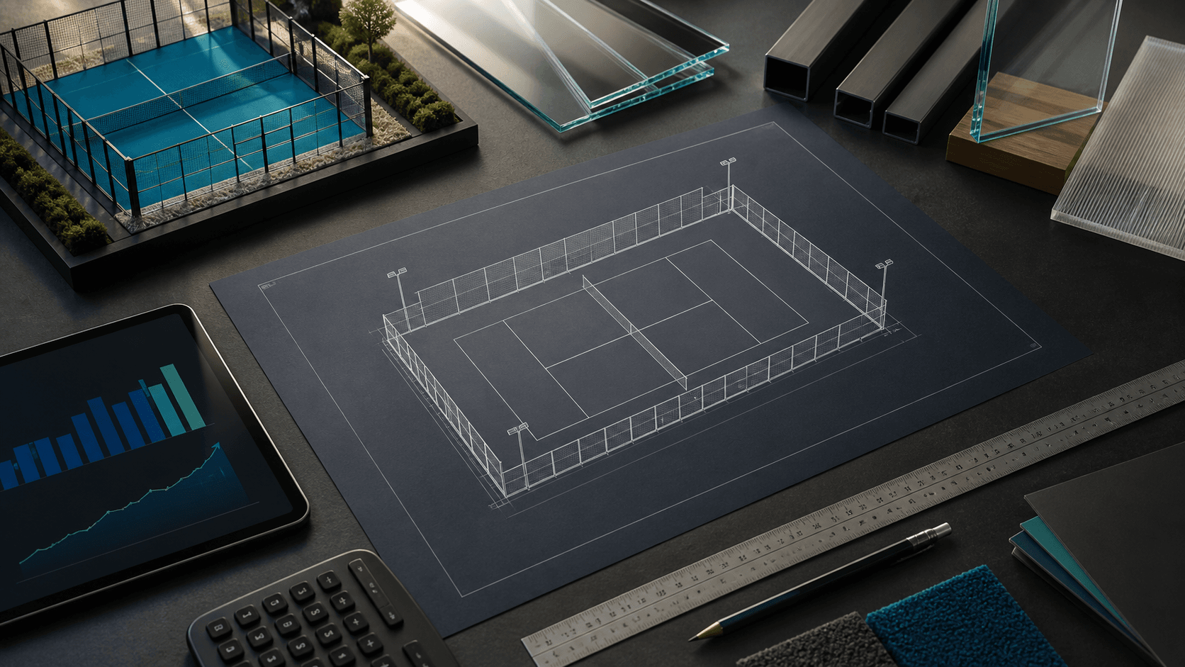 Mimari padel kort planı, malzeme örnekleri ve yatırım analiz araçları bulunan proje masası