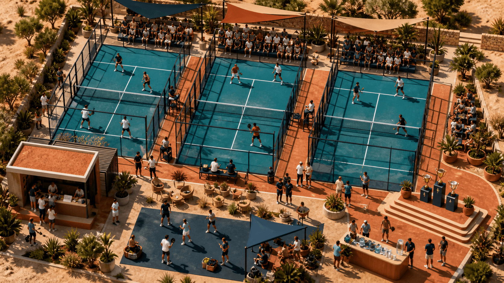 Üç kortlu padel turnuvasının yüksek açıdan organizasyon görünümü