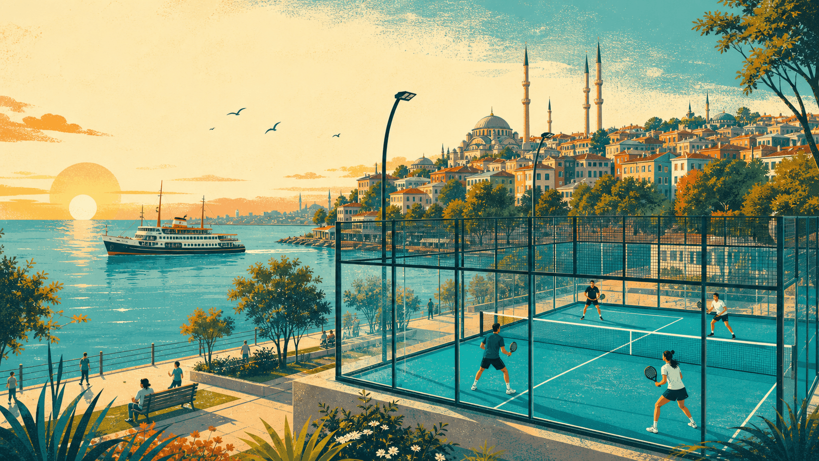 Kadıköy sahilinde gün doğumunda padel kortu ve vapur illüstrasyonu