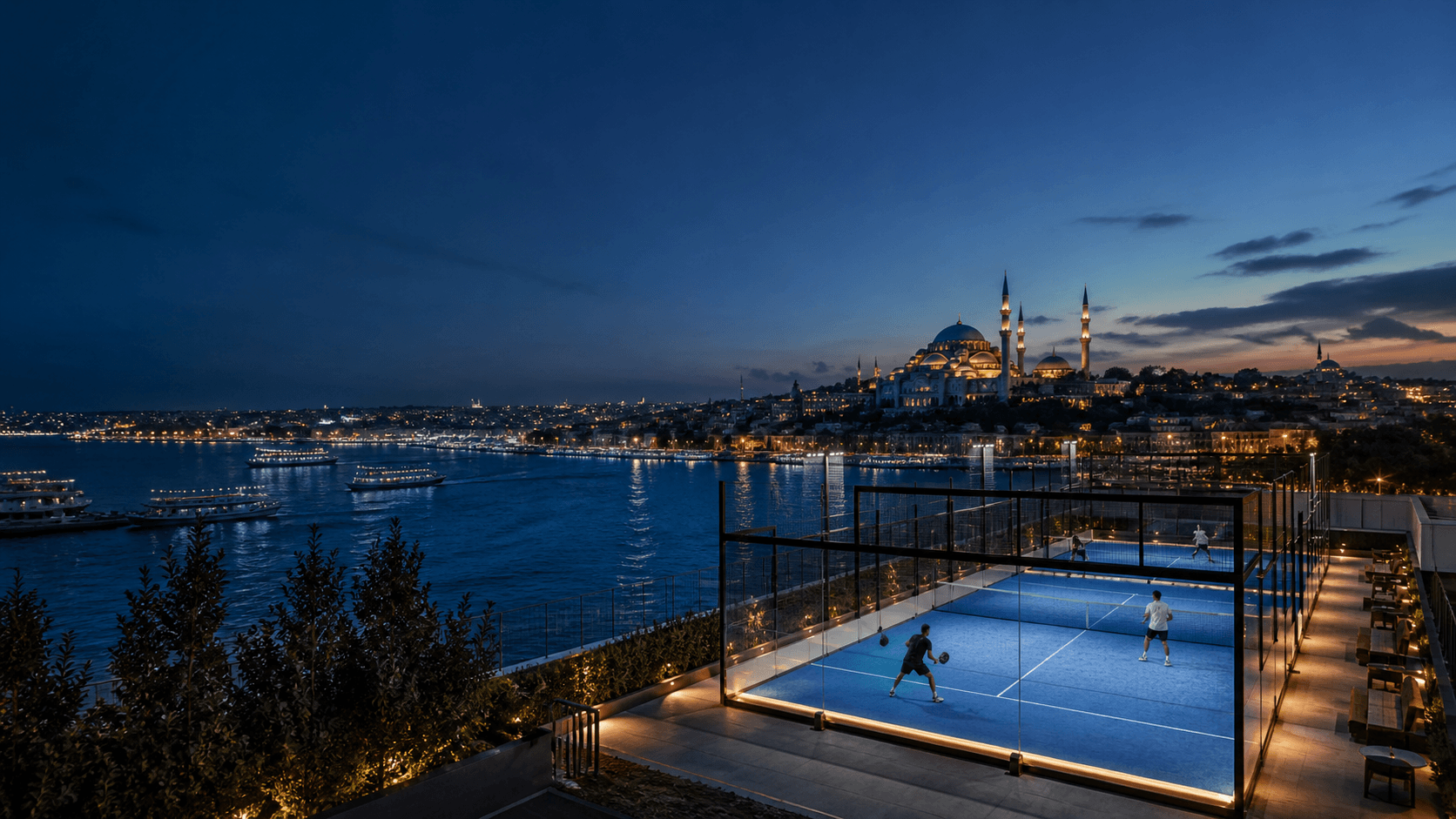Boğaz kıyısında gece ışıklarıyla aydınlanan padel kortu