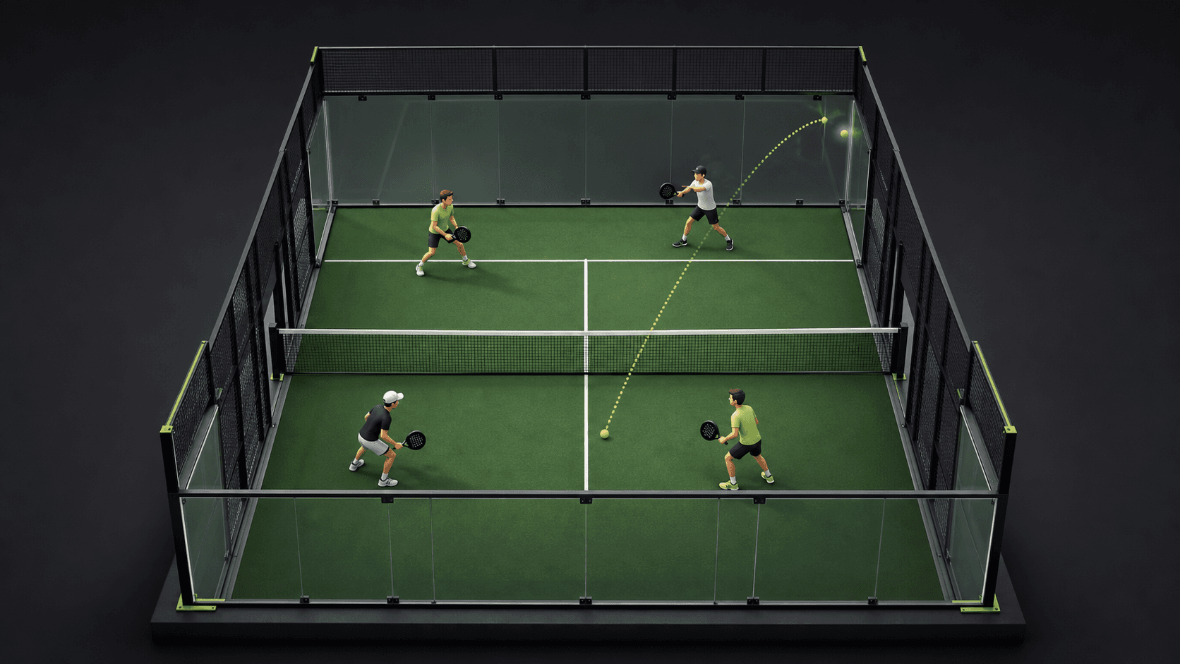 İzometrik üç boyutlu padel kortu, dört oyuncu ve duvardan seken topun rotası