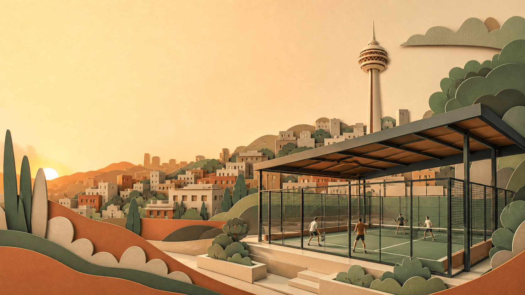 Ankara silüeti ve Atakule önünde üstü örtülü padel kortu illüstrasyonu